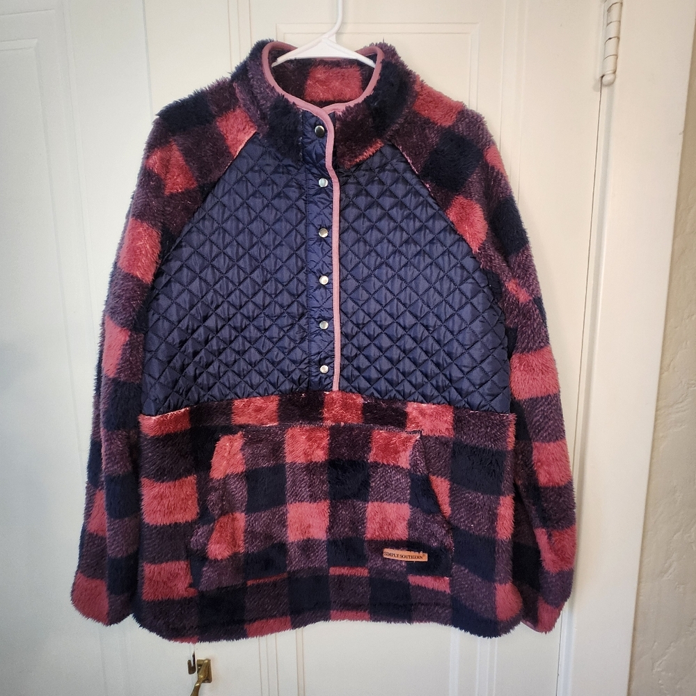 Simply Southern Quilted Fleece Buffalo Plaid Pullover Merlot & Navy Sx XL - Picture 2 of 9